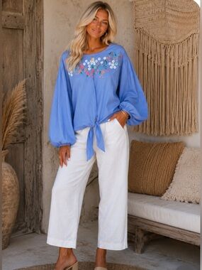 Cupio Light Blue Boho Floral Embroidered Top with balloon sleeves, size S, $45